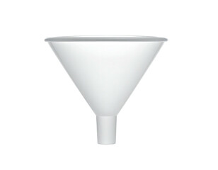 Simple, white, cone-shaped funnel with a cylindrical spout, centered on black