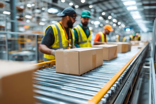  Workers in high-visibility vests handle boxes on a conveyor belt in a well-lit warehouse.