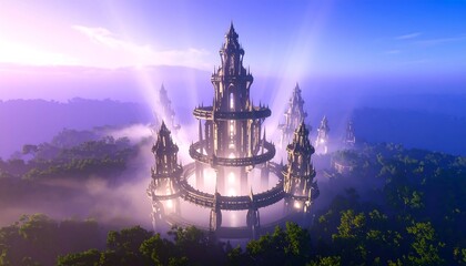 Mystical Tower Landscape in the Mist with Dramatic Lighting