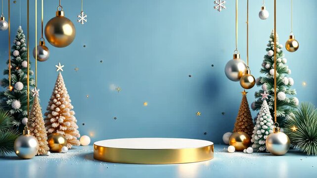 Christmas Platform for Glamour, golden podium on blue background Concept for Christmas sales, product presentation, zoom