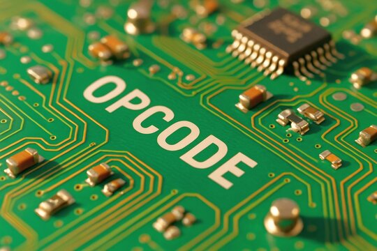OPCODE Text Printed On Green Circuit Board With Electronic Components And Gold Traces