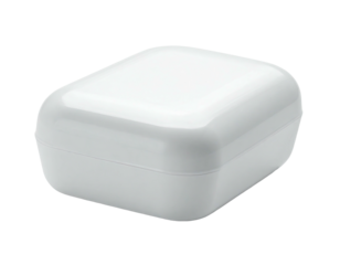 Small, glossy white rectangular case with curved edges, on a black background