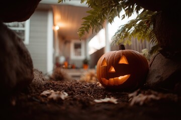 Cinematic Halloween Perspective from Carved Pumpkin Interior 
