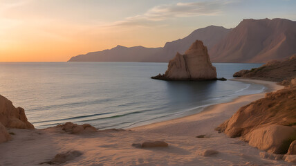 Scenic Coastal Landscape at Sunset with Sandy Beach and Distant Mountains
