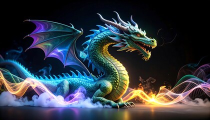 Mythical Dragon with Colorful Wings and Fiery Breath in a Fantasy World