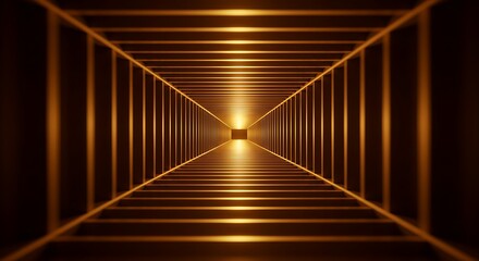 Naklejka premium Golden illuminated tunnel with perspective lines leading to a bright light at the end