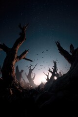 Spooky Halloween Night with Bats and Twisted Trees 
