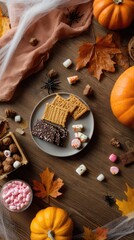 Autumn Themed Halloween Flat Lay on Rustic Surface 
