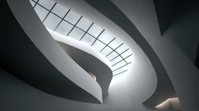 Abstract architectural interior with sweeping white curves and a geometric glass skylight.