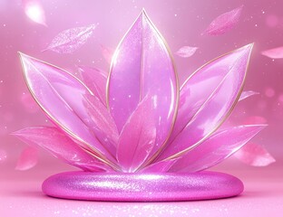 Pink lotus blossom display with shimmering leaves