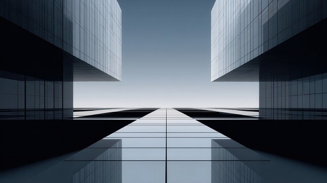 Minimalist geometric modern architecture perspective with clean lines and sky