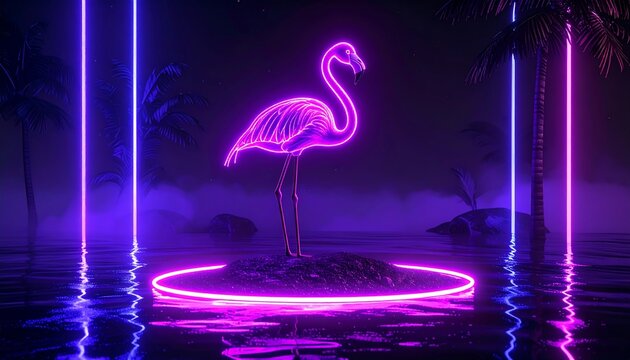 Neon Flamingo on Island with Palm Trees at Night in a Glowing Water