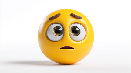 Fototapeta premium 3D yellow emoticon with large expressive eyes and slightly open mouth, showing worry and concern, high detail, realistic lighting, clean white background