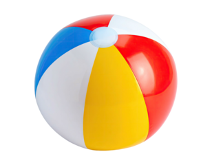 A colorful, inflatable sphere with alternating panels of blue, red, white, and yellow
