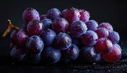 Close up of a bunch of grapes on a black background