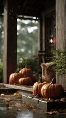 Halloween Porch Scene with Pumpkins, Rain, and Warm Indoor Light  
