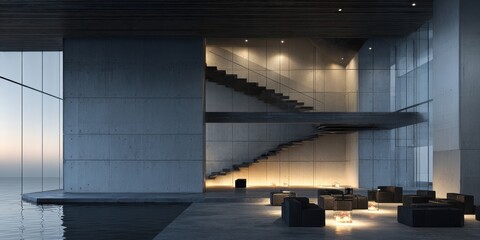 Luxurious Modern Interior Lounge with Concrete Walls and Floating Staircase.