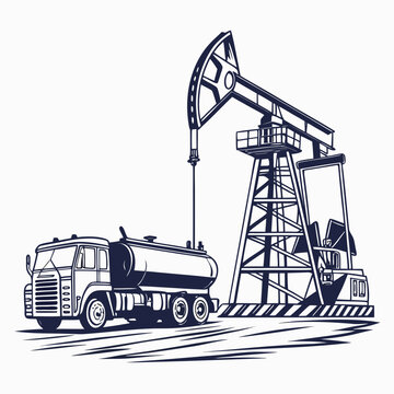 Illustration of an oil pump jack and a tanker truck in a stylized graphic design representing the oil and gas industry