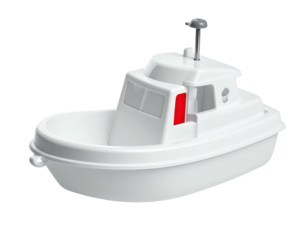 White toy boat with a cabin, window, and mast, isolated on black background