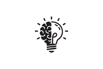 Minimalist AI Brain and Lightbulb Icon Black White Technology Vector
