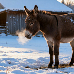 Donkey stands in the snow, exhaling breath.