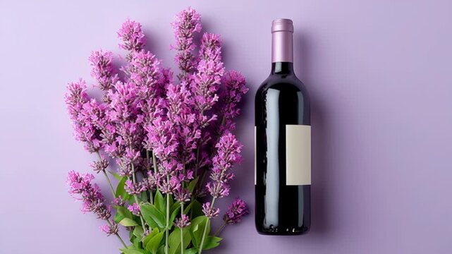 Elegant wine bottle with blank label positioned beside vibrant purple flowers on soft pastel background, creating a harmonious composition that highlights the beauty of nature and beverage presentatio