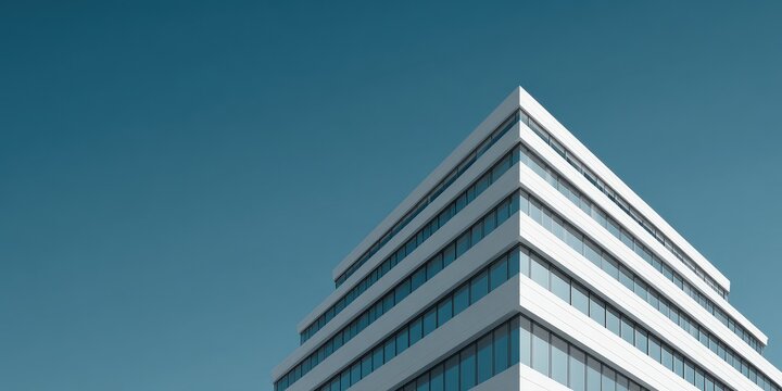 Clean minimalist white building with geometric lines against blue sky