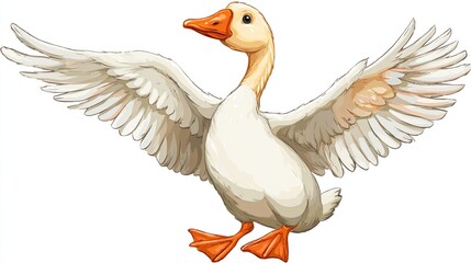 Illustration of a white waterfowl with orange beak and webbed feet, wings spread in mid-air, cartoonish style