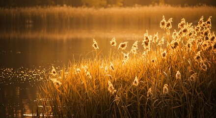 Golden reeds glowing in sunlight near a calm lake at dawn