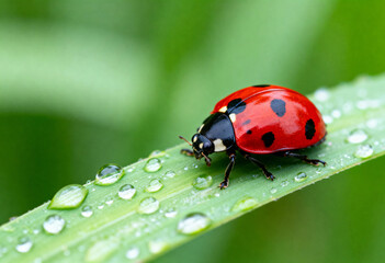 A ladybug sits on a dew-covered leaf.