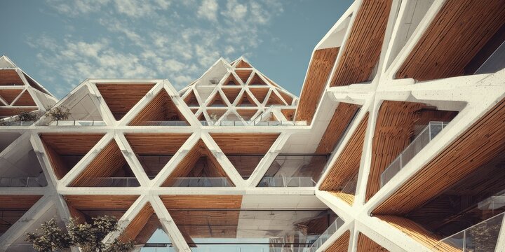 Complex Triangular Architecture with White Frames and Warm Wooden Interiors