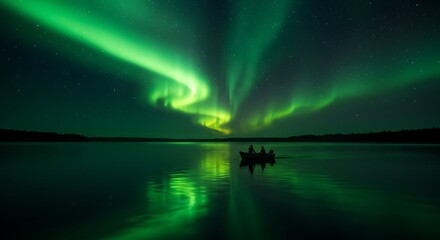 Aurora Borealis illuminates the night sky over a calm lake with a small boat silhouetted on the water.