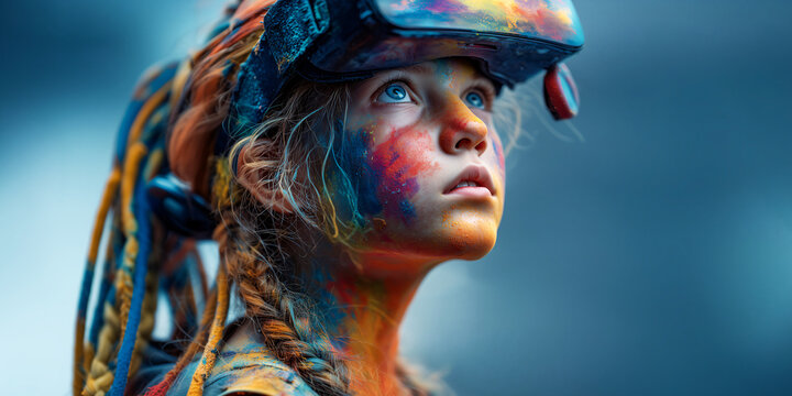 Colorful face paint teenage girl VR headset braided hair immersive technology wonder blue background creative art headset device virtual world. Colorful face paint teenage girl VR headset braided