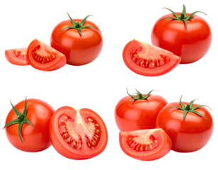 Four images showing tomatoes; whole, sliced, and half-cut, on a black background