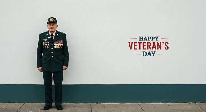 Veteran in Uniform Beside Happy Veterans Day Message, Tribute to Service and Recognition
