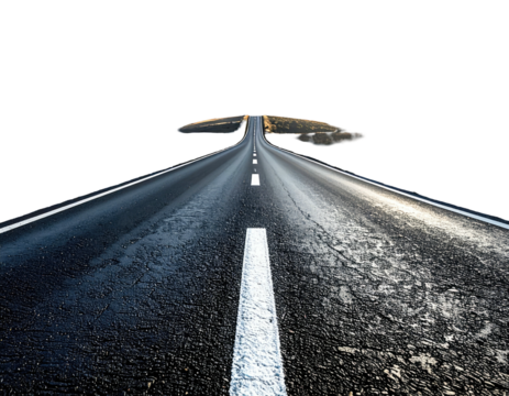 Asphalt road receding into a dark void with white lane markings and reflection