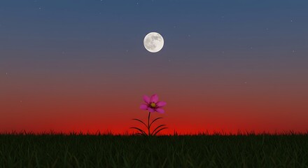 A solitary purple flower in a field under a full moon at twilight