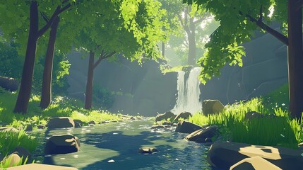 Lush forest stream scene with waterfall
