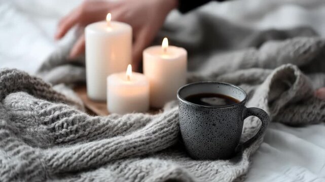 Cozy scene with a steaming mug of coffee and lit candles on a soft blanket