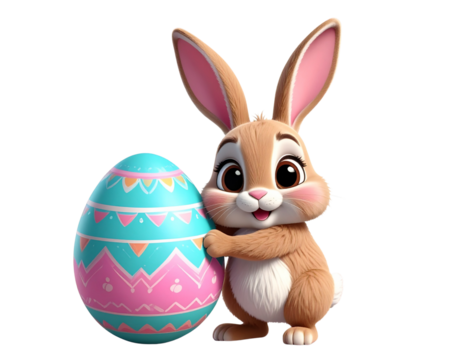 Cute Cartoon Easter Bunny with Egg, Transparent Background PNG