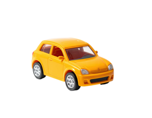 Yellow toy car, front view, set against a solid black background, plastic, small