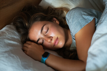 A young woman sleeps soundly in her bed wearing a smart bracelet. Sleep quality parameters are measured.