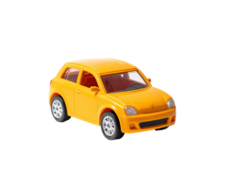 Yellow toy car, front view, set against a solid black background, plastic, small
