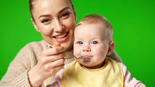 Caring Mother Feeding Her Cute Baby Girl with a Spoon on a Green Screen.