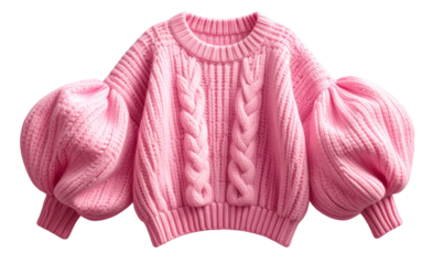 Transparent Background, PNG Minimalist Flat Lay Pink Knit Sweater with Balloon Sleeves