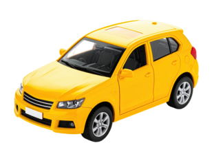 A vibrant yellow compact vehicle, slightly angled against a transparent background