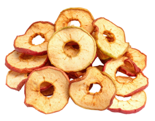 A pile of thin, dried apple slices, showing red skin and central core holes