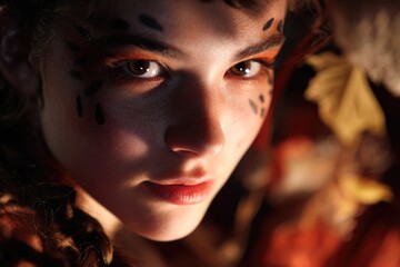Close-Up Halloween Face Art with Festive Autumn Vibes 
