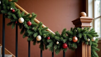 Christmas garland with ornaments on wooden staircase railing