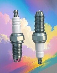 Two spark plugs against a pastel sky backdrop